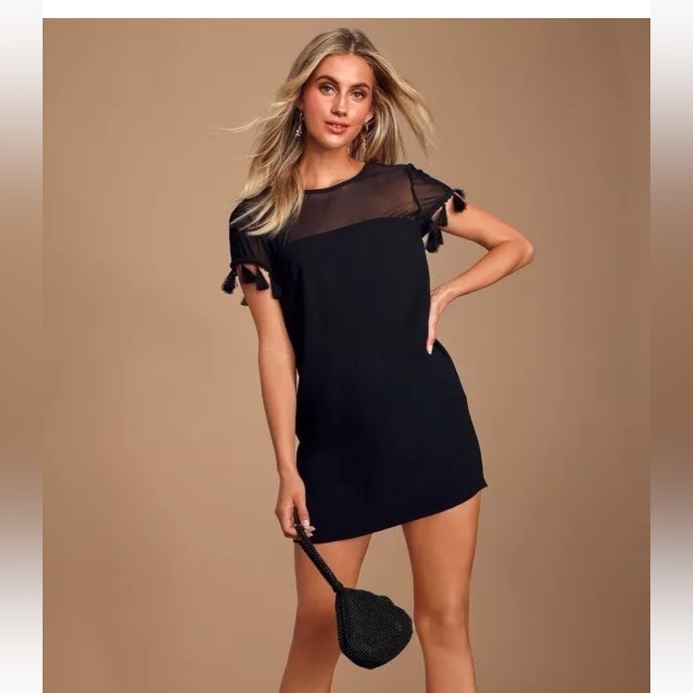 Stylish Lulu’s Black‎ Lined Mini Dress With Tassels On Sleeve’s Size Small